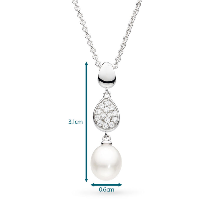 Silver necklace with a teardrop-shaped pendant and pearl, showing measurements on a white background.