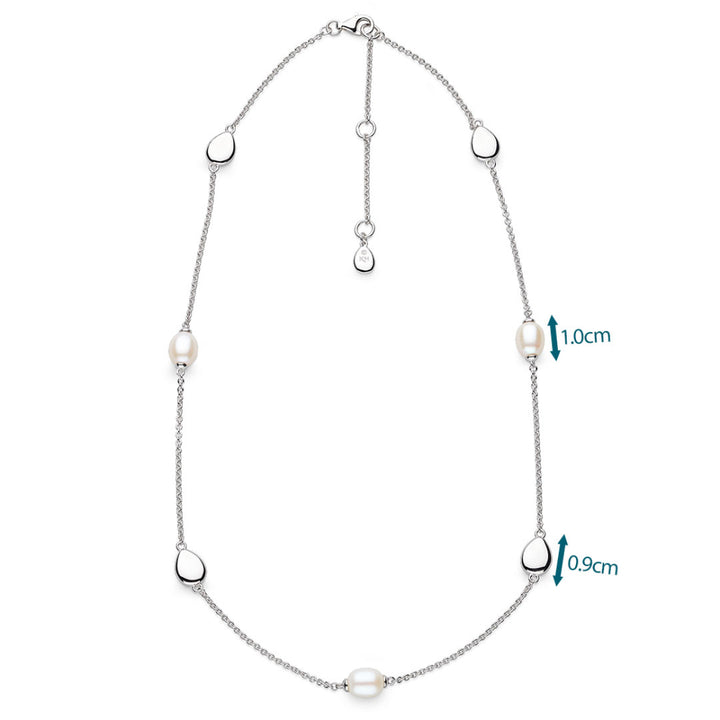Silver necklace with pearls on a white background