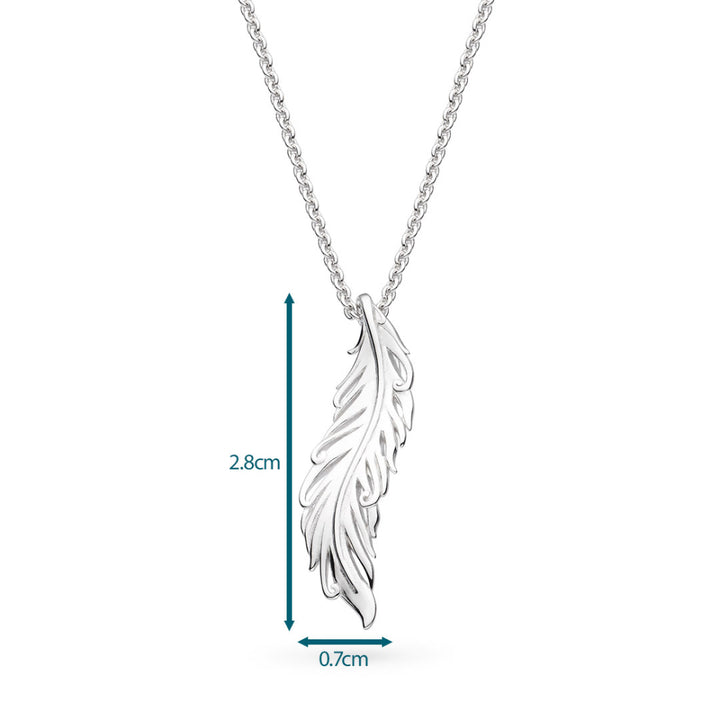 Silver feather pendant necklace with measurements on a white background