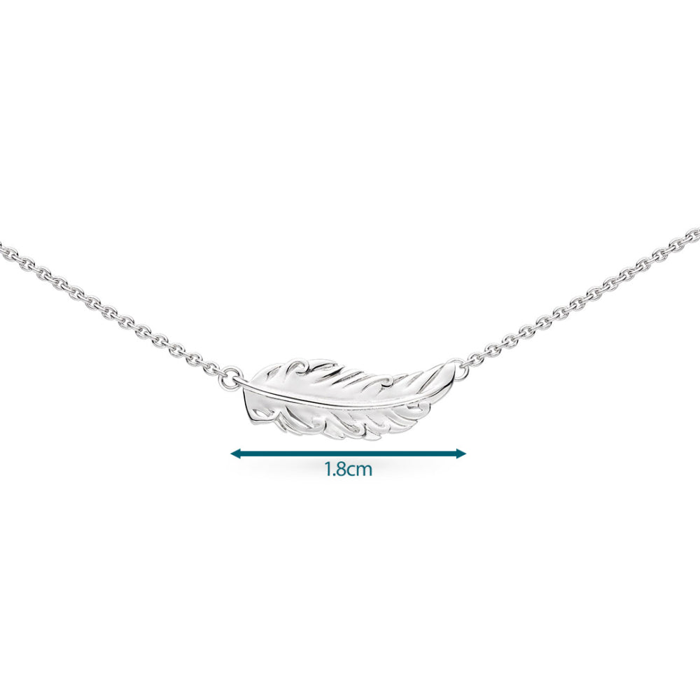 Silver feather necklace with measurement on a white background