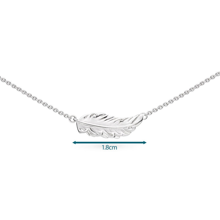 Silver feather necklace with measurement on a white background