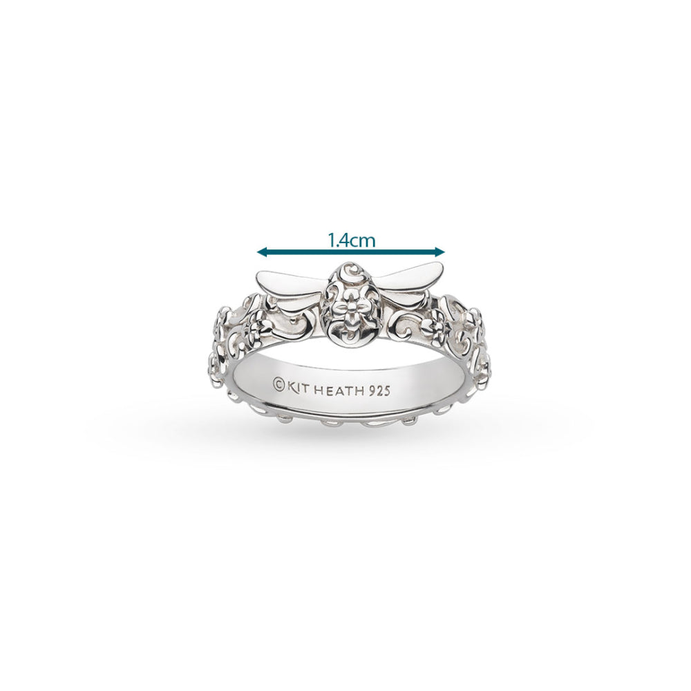 Silver ring with floral design and 'Kit Heath' branding on a white background