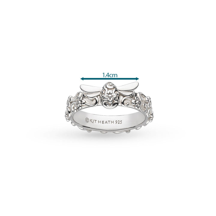 Silver ring with floral design and 'Kit Heath' branding on a white background