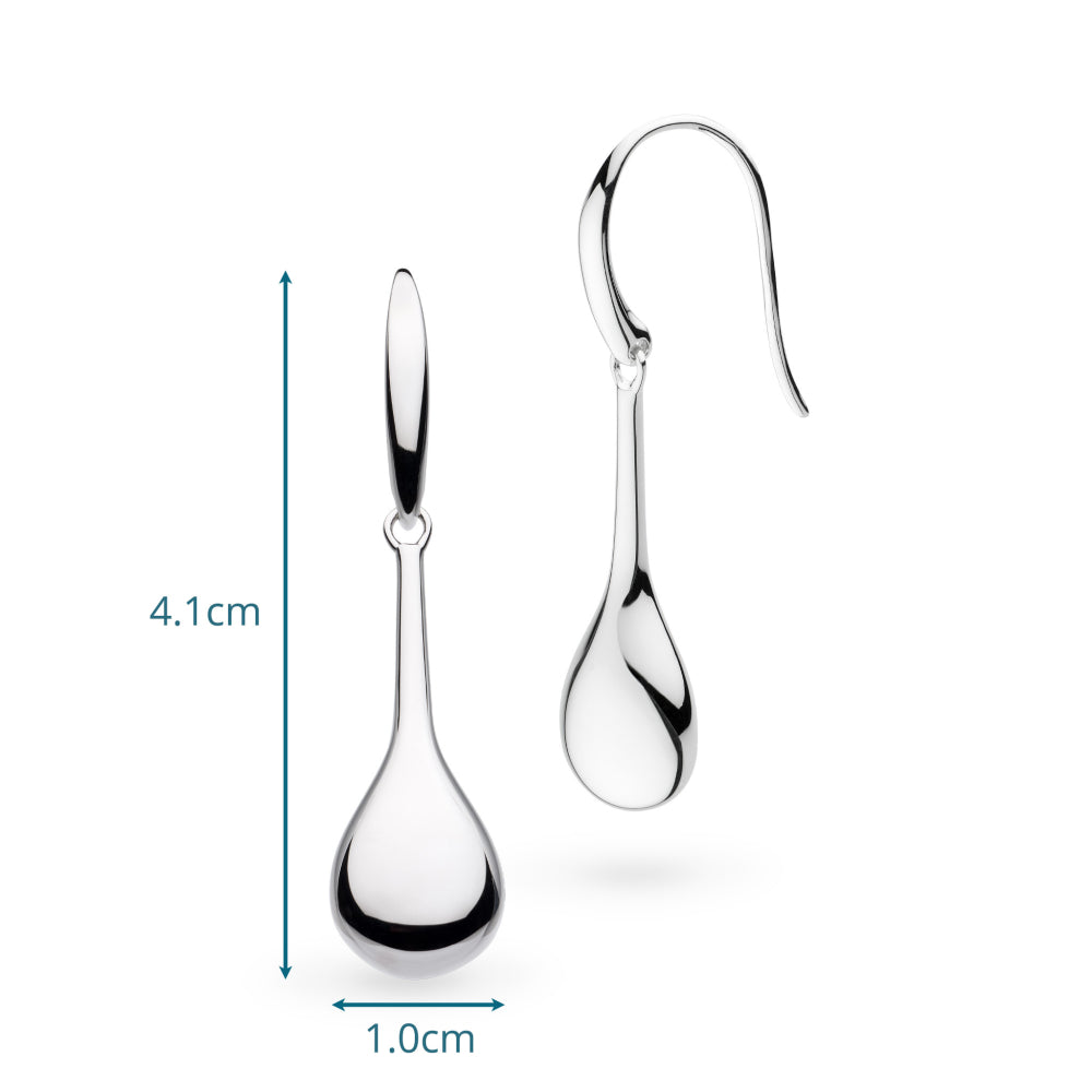 Silver drop earrings with measurements on a white background