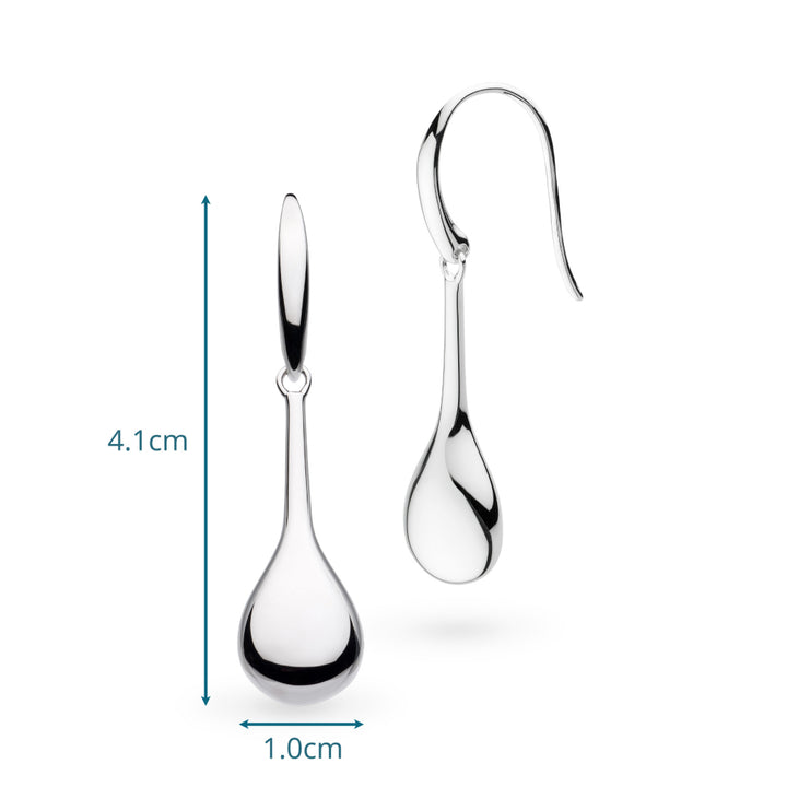 Silver drop earrings with measurements on a white background