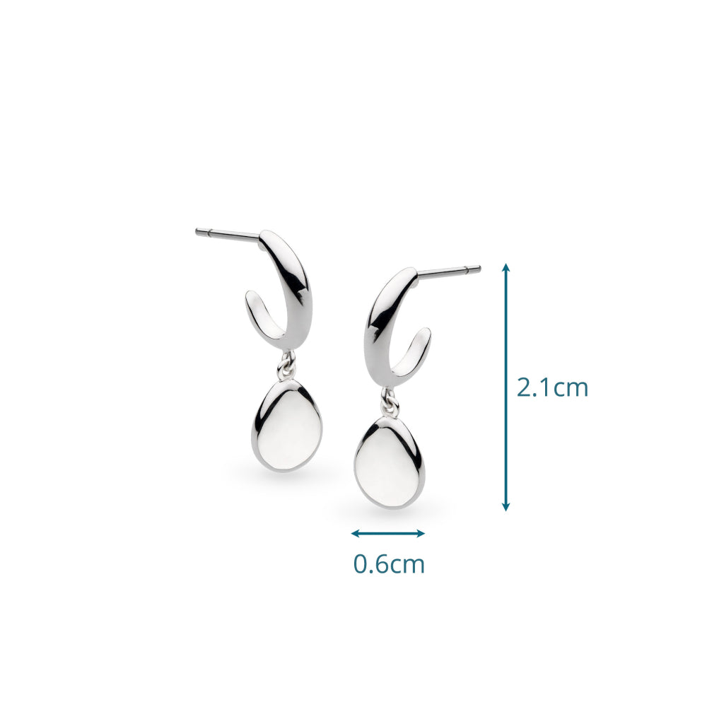 Silver earrings with measurements on a white background