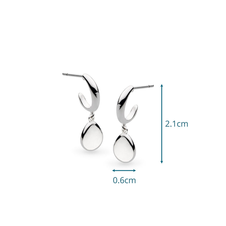 Silver earrings with measurements on a white background