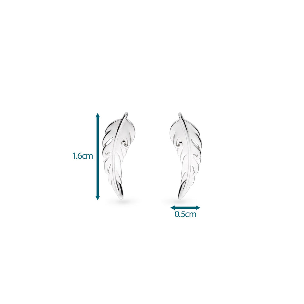 Silver feather-shaped earrings with measurements on a white background