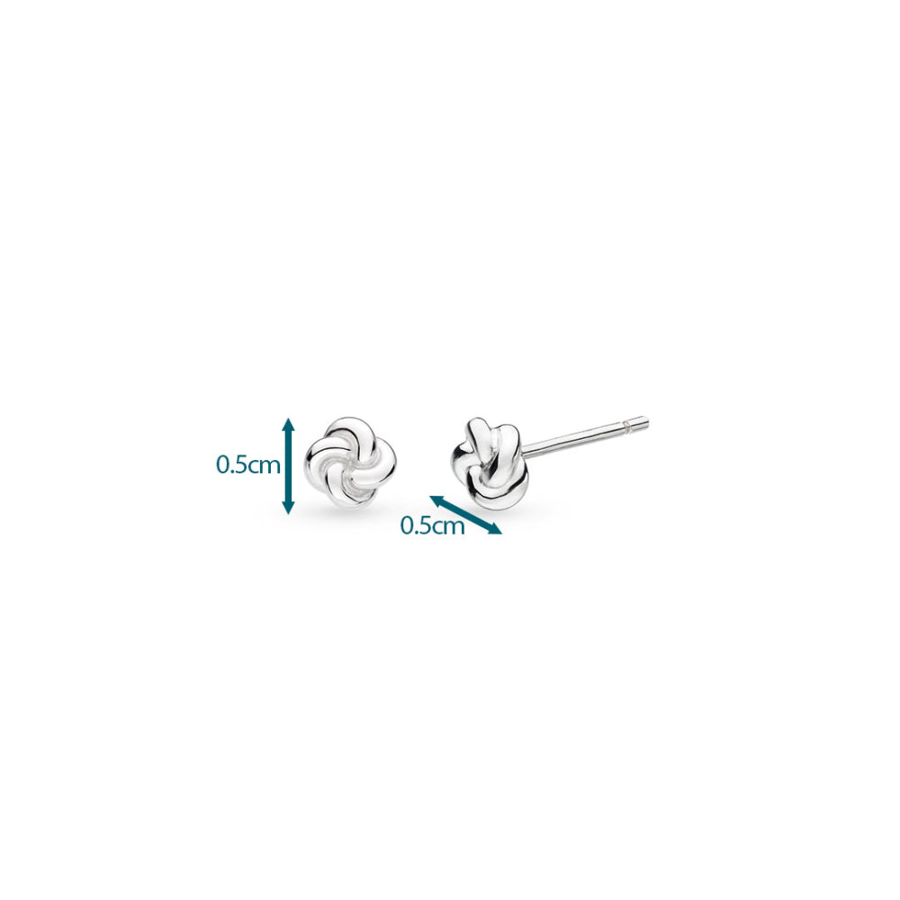 Silver knot earrings with size measurement on a white background