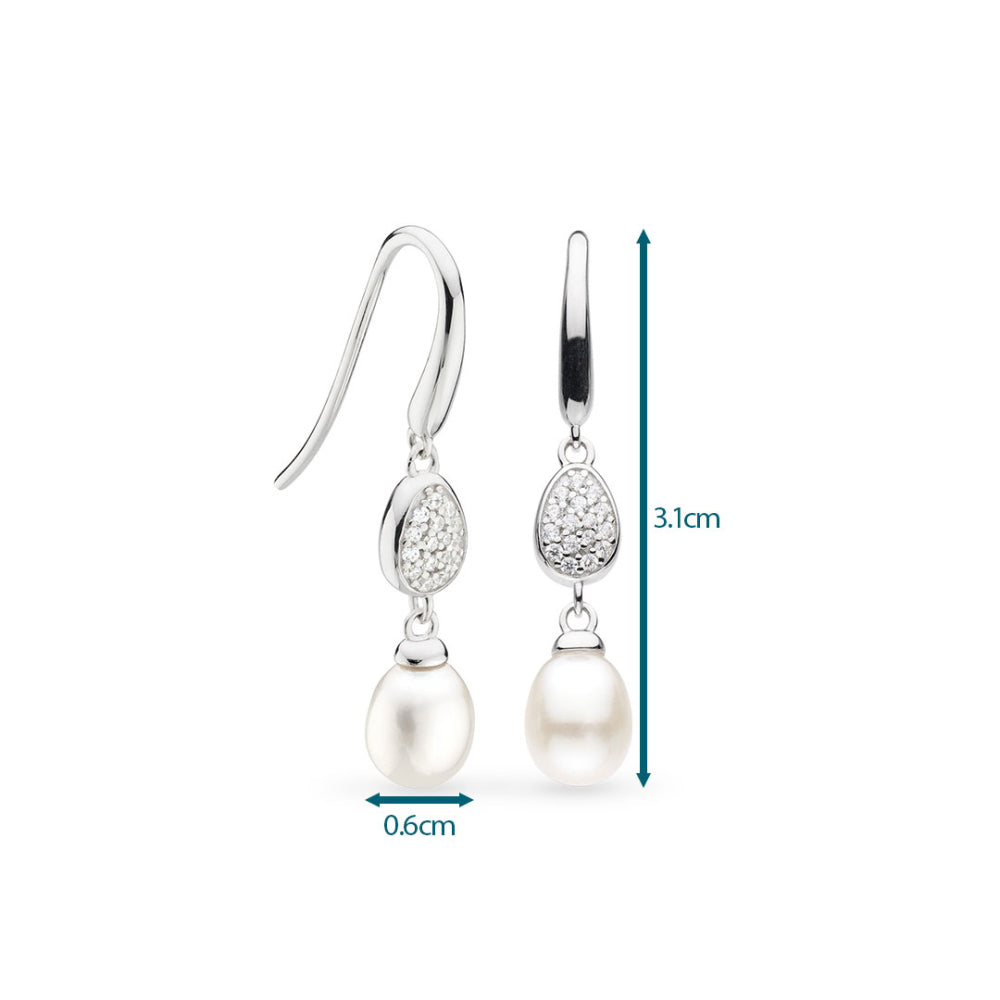 Pearl earrings with diamond accents and measurement details on a white background