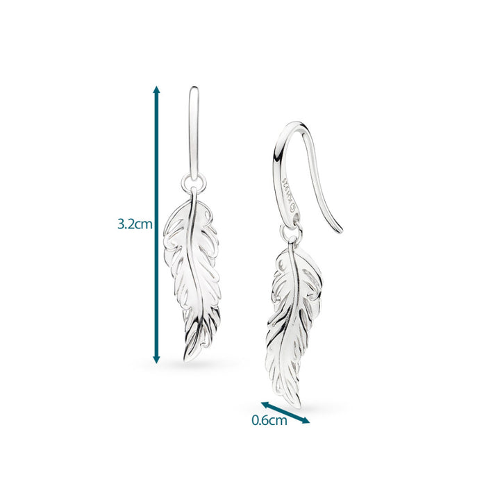 Silver feather earrings with measurements on a white background