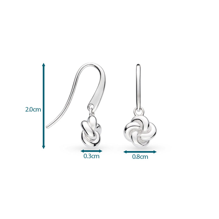 Silver earrings with measurements on a white background