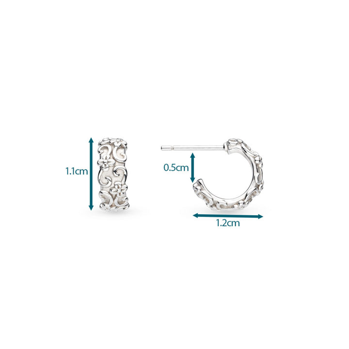 Silver hoop earrings with measurements on a white background