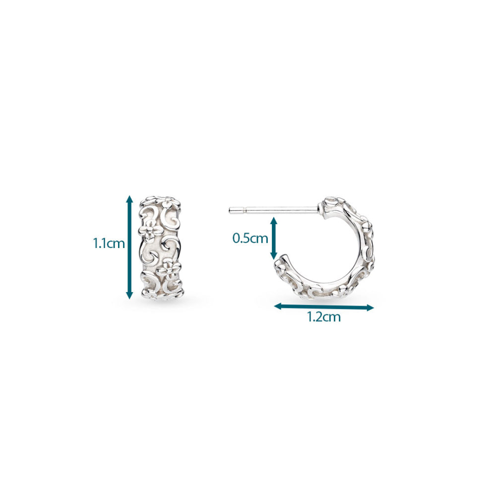 Silver hoop earrings with measurements on a white background