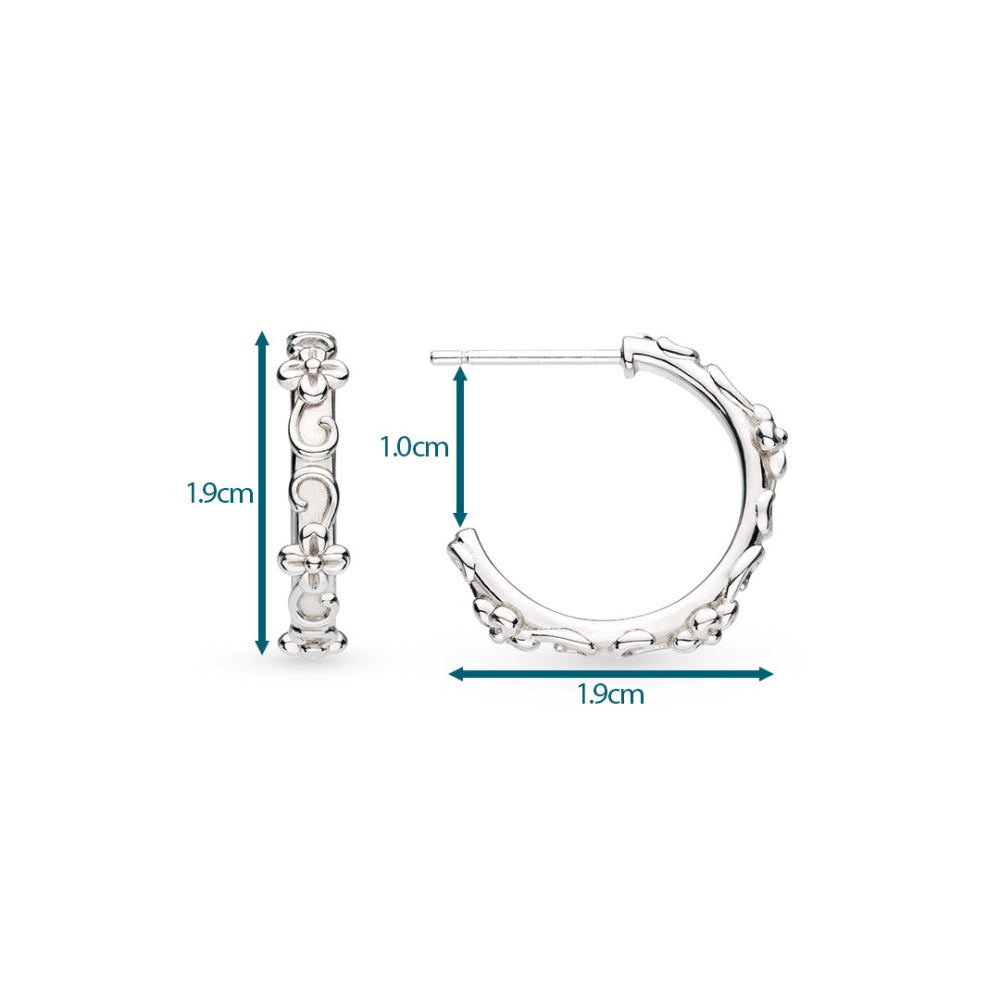 Silver hoop earring with measurements on a white background