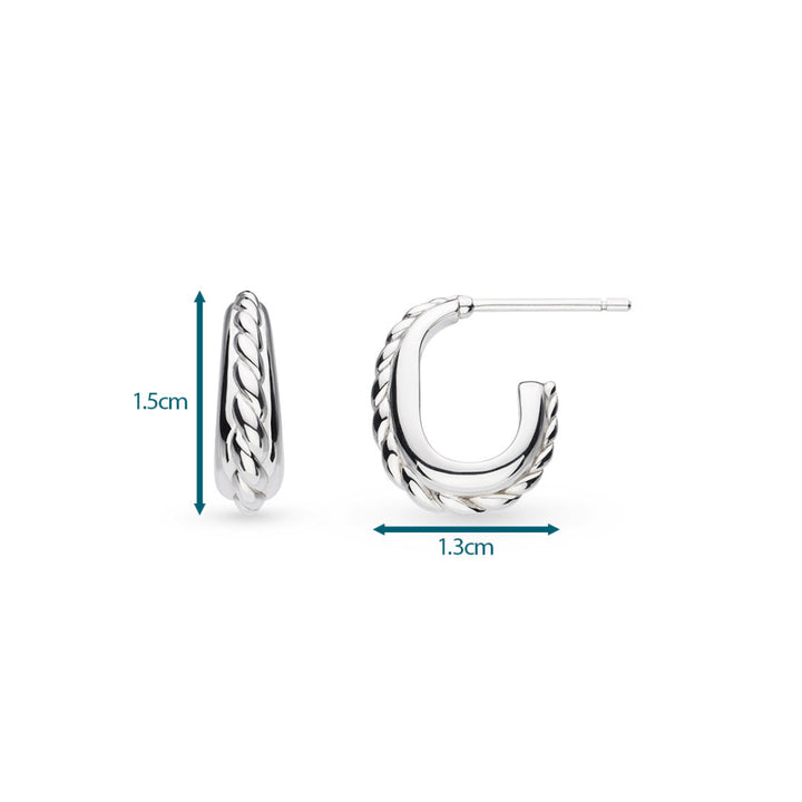 Silver hoop earrings with measurements on a white background