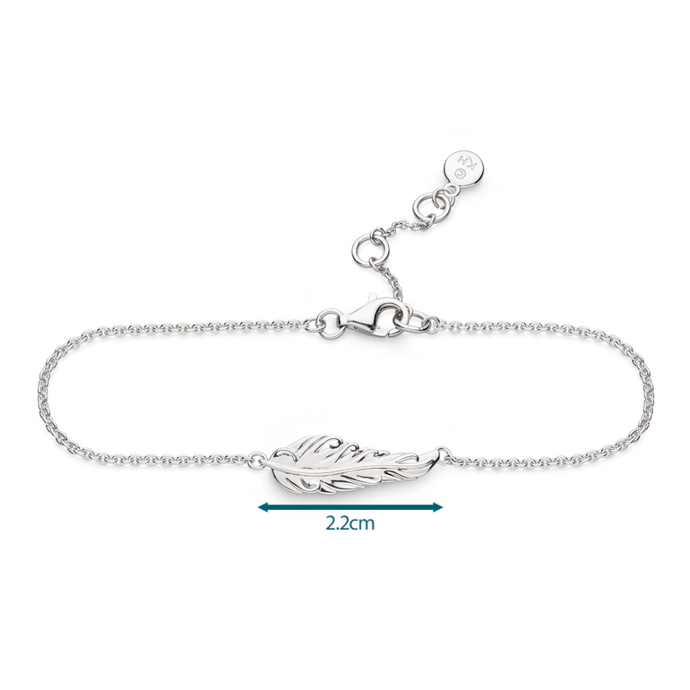 Silver bracelet with feather design and measurement label on a white background