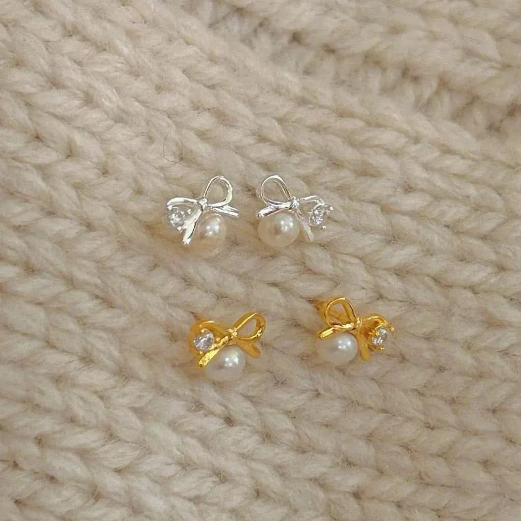 Sterling Silver Bow Freshwater Pearl Earrings