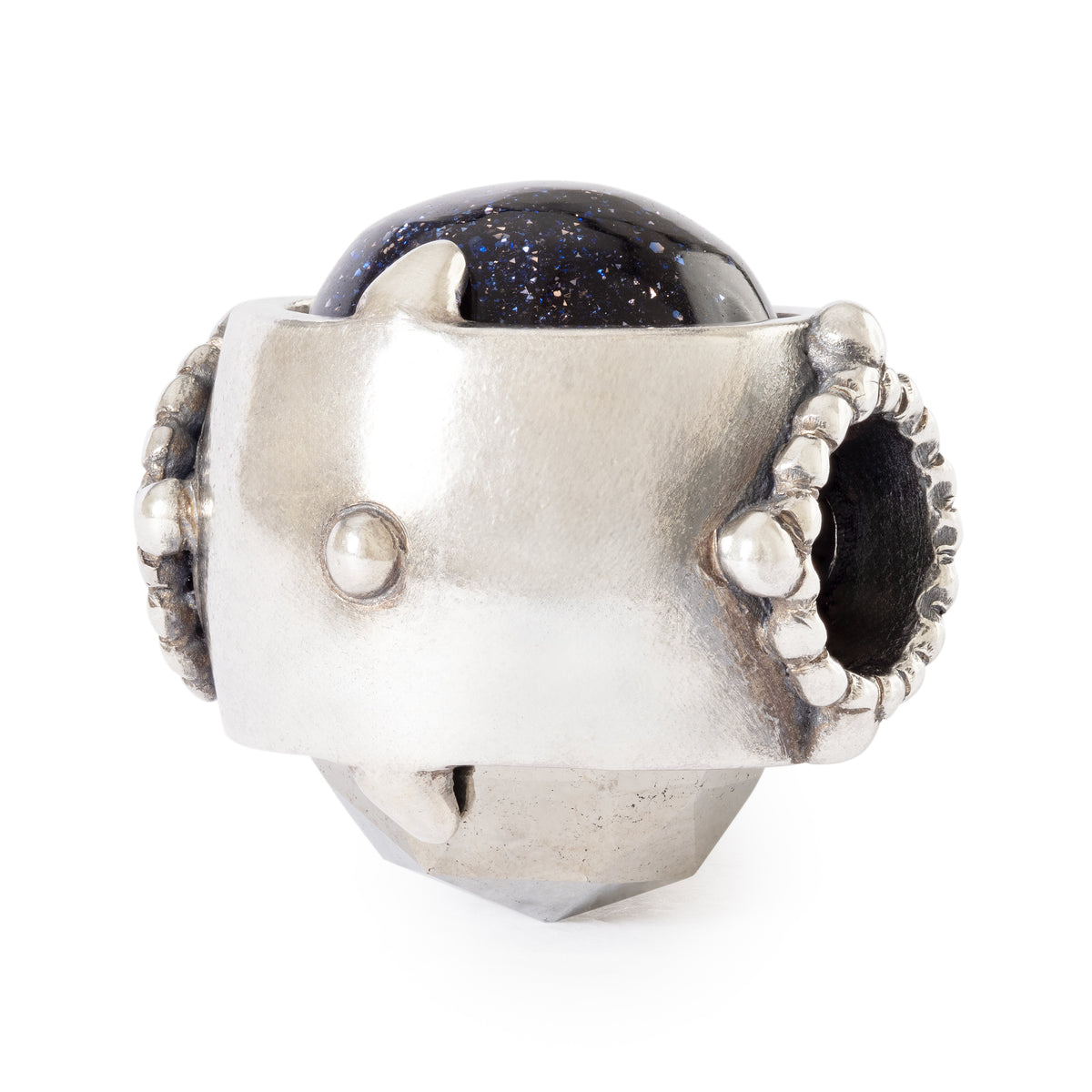Silver charm with a dark purple bead on a white background