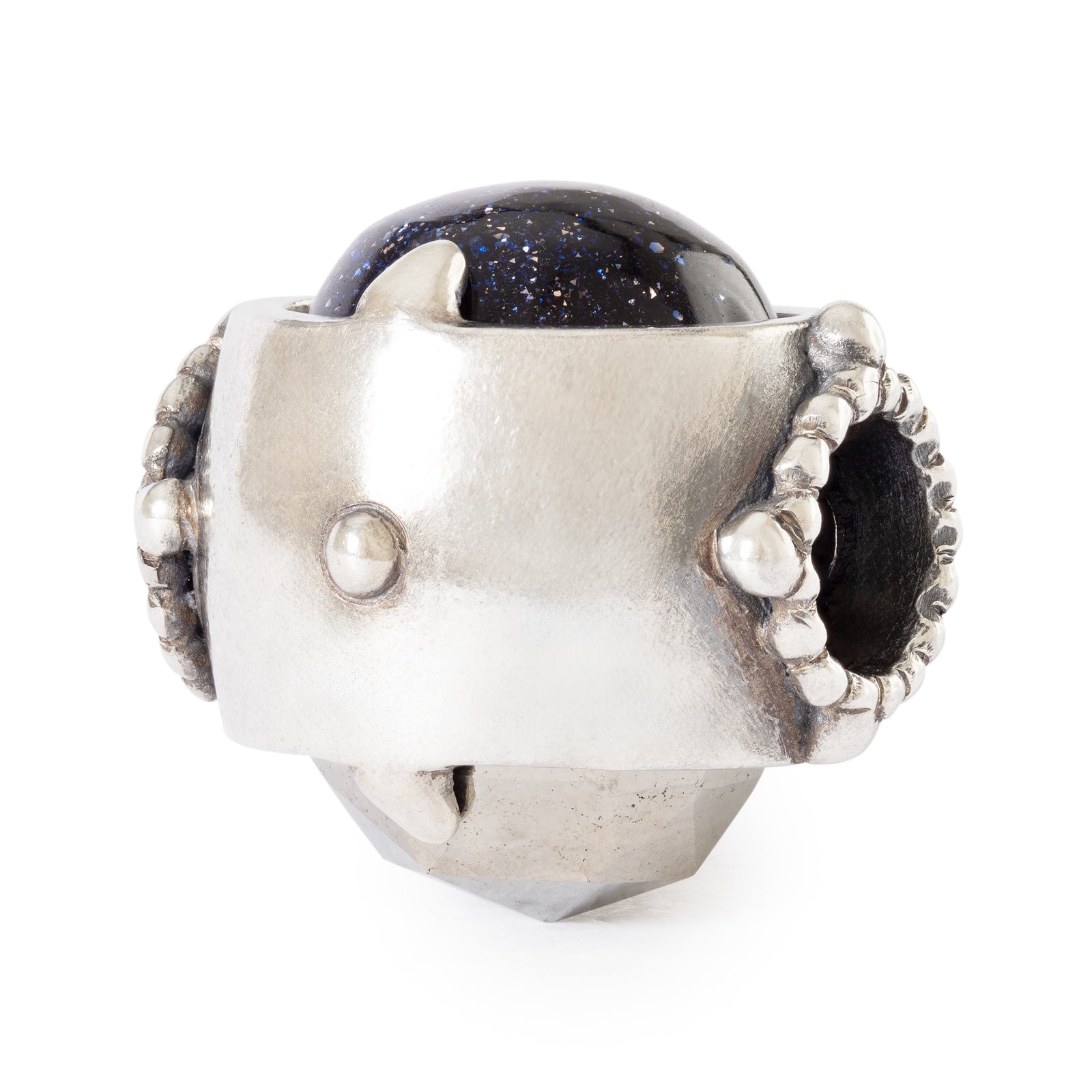 Silver charm with a dark purple bead on a white background