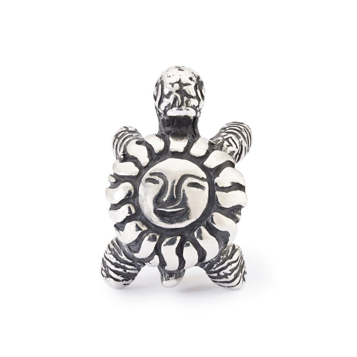 Silver turtle charm with sun design on a white background
