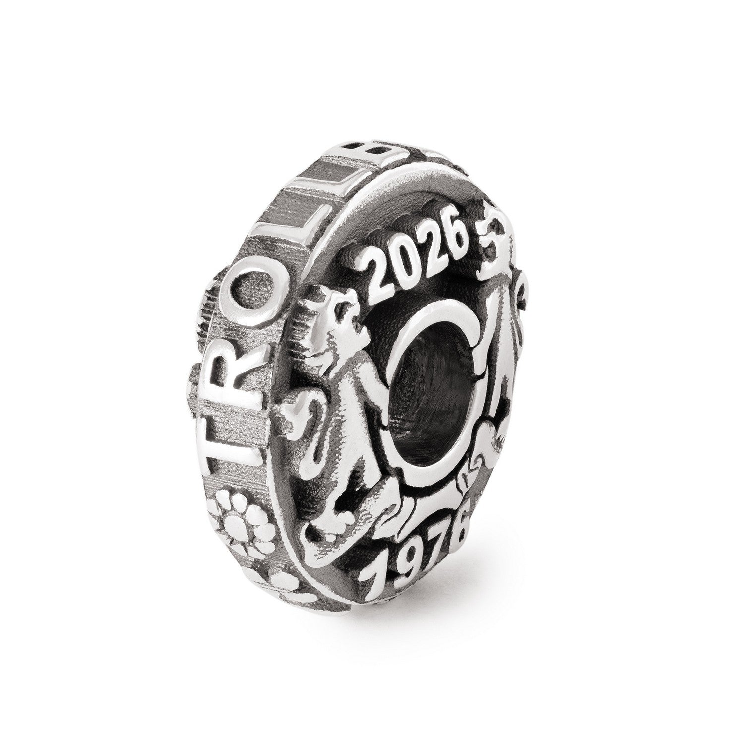 Silver charm with astrological design and text on a white background