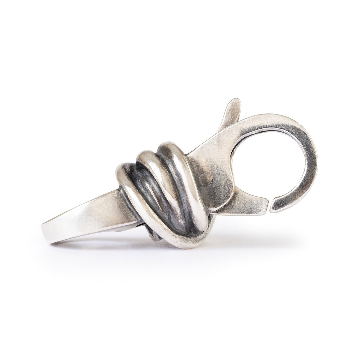 Silver ring with a unique design on a white background