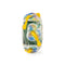 Colorful glass bead with yellow accents on a white background