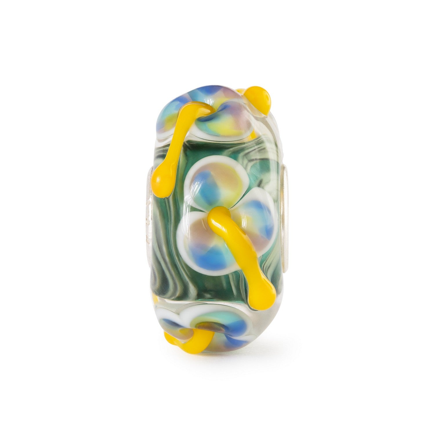 Colorful glass bead with yellow accents on a white background