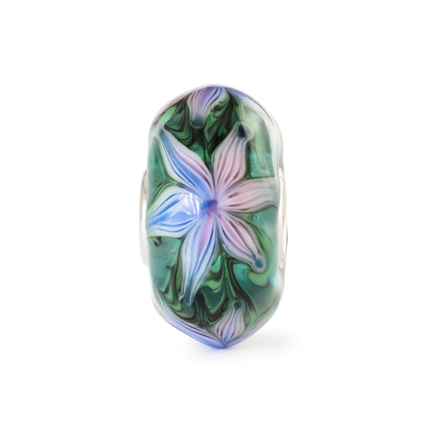 Decorative glass bead with floral design on a white background