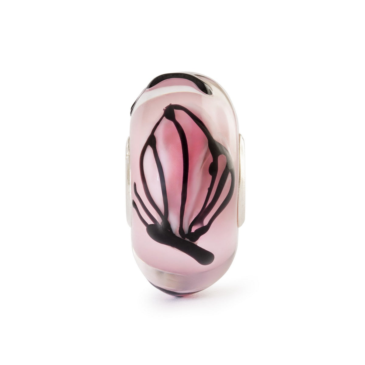 Pink glass charm with black butterfly design on a white background