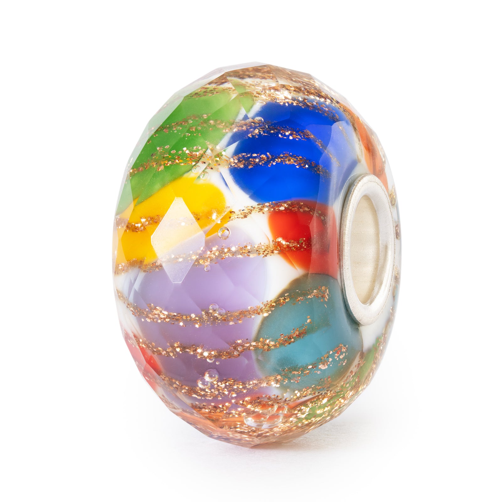 Multicolored glass bead with gold accents on a white background