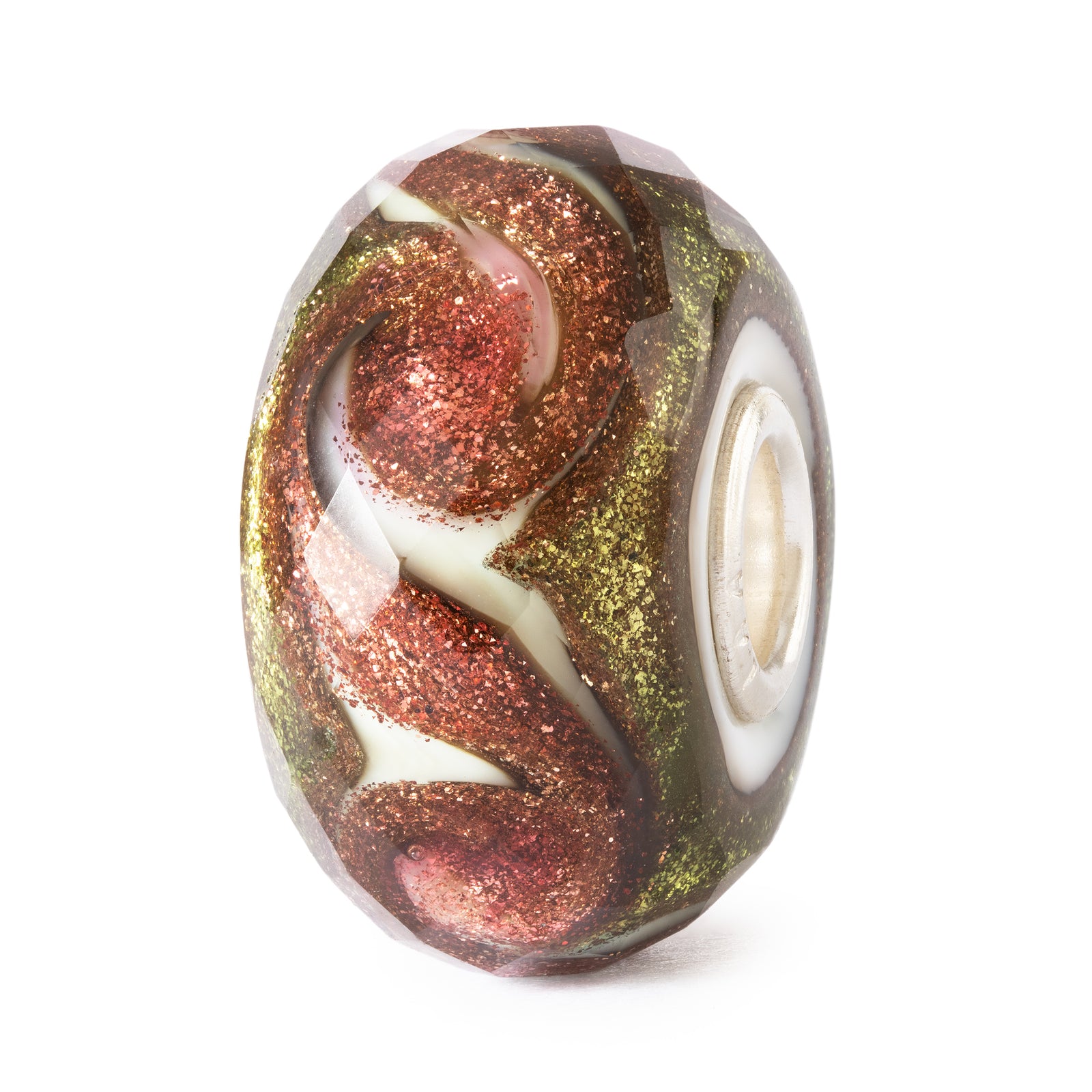 Multicolored glass bead with swirl pattern on a white background
