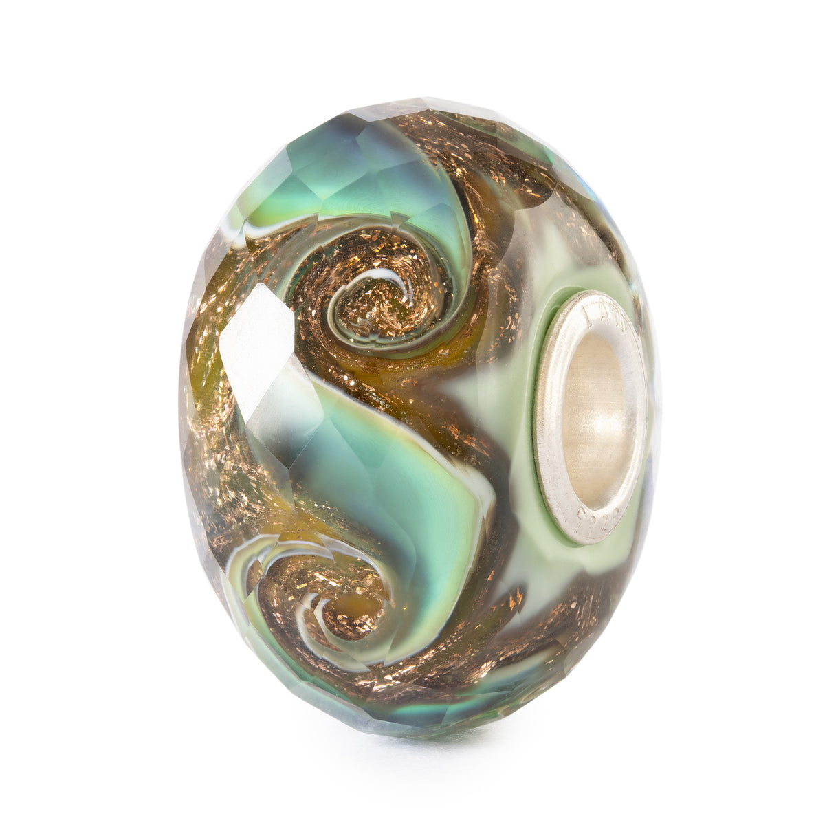 Decorative glass bead with swirling patterns on a white background