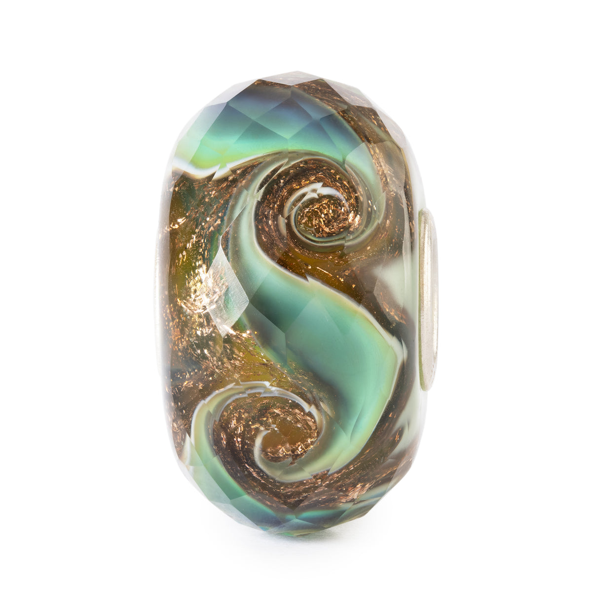 Decorative glass bead with swirling patterns on a white background