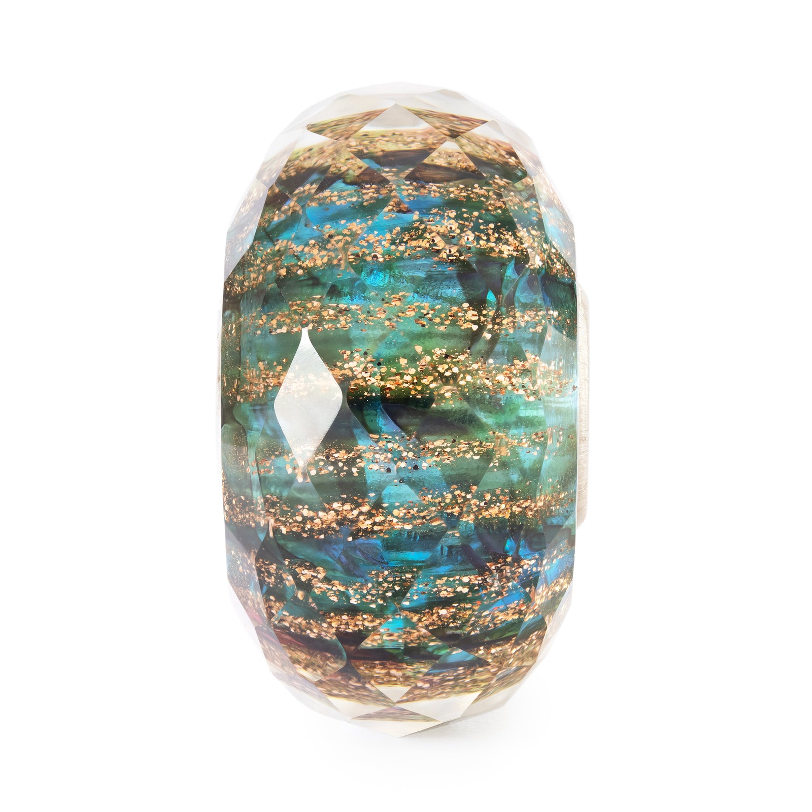 Decorative bead with blue and gold patterns on a white background