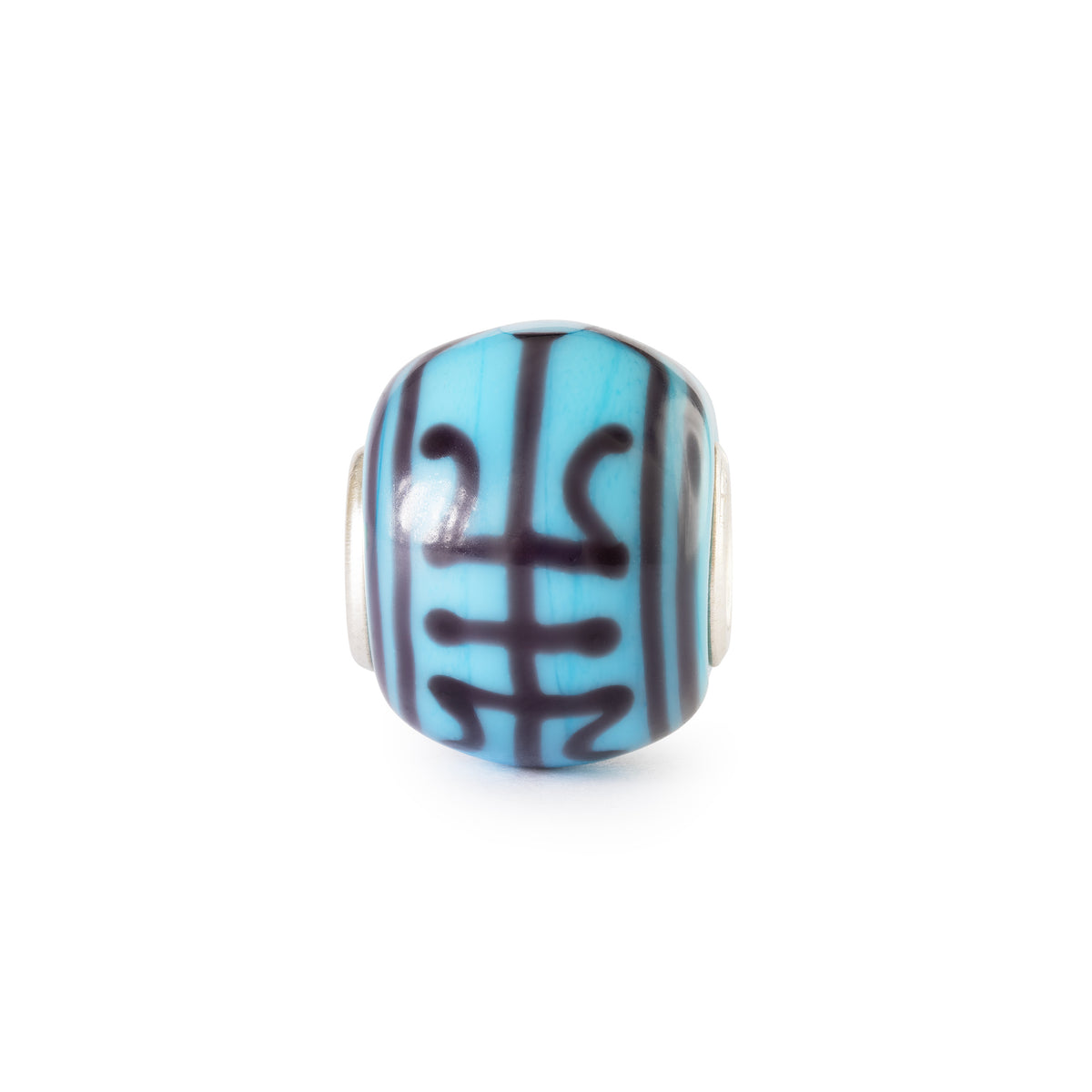 Blue and black striped bead on a white background