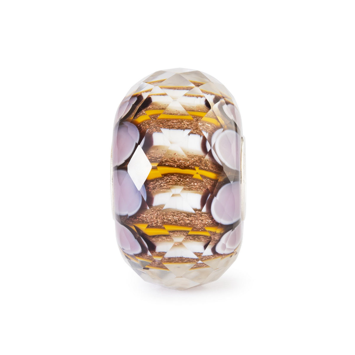 Decorative glass bead with geometric pattern on a white background