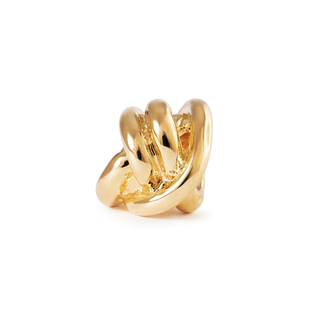 Gold ring with a knot design on a white background