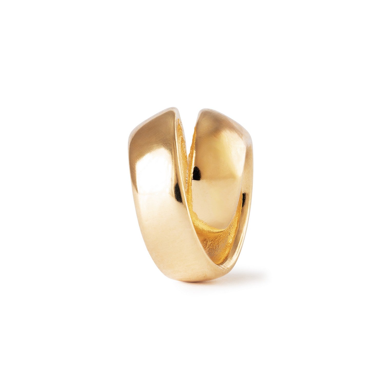 Gold ring with a unique design on a white background