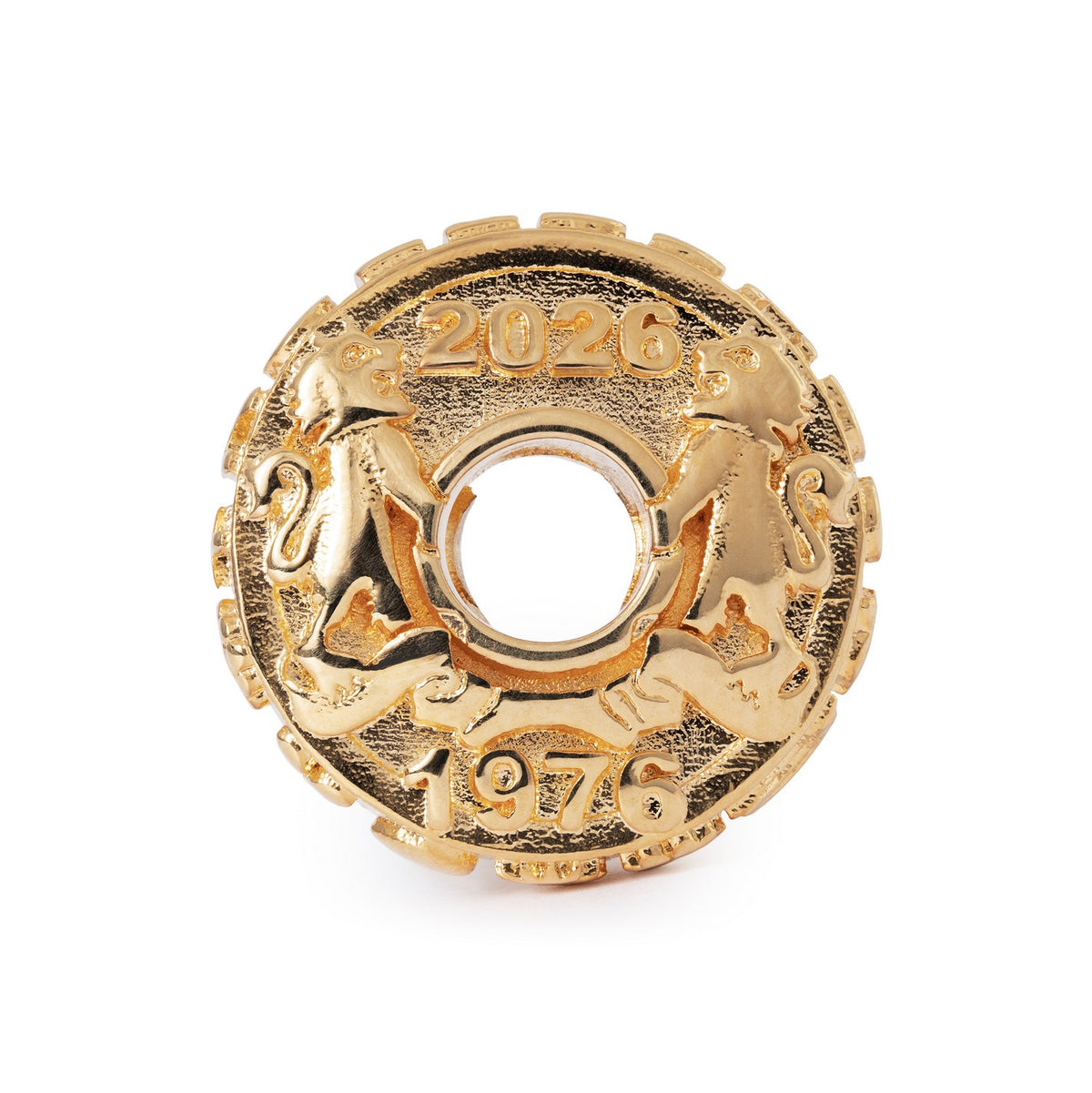 Gold charm with '2026' and animal designs on a white background