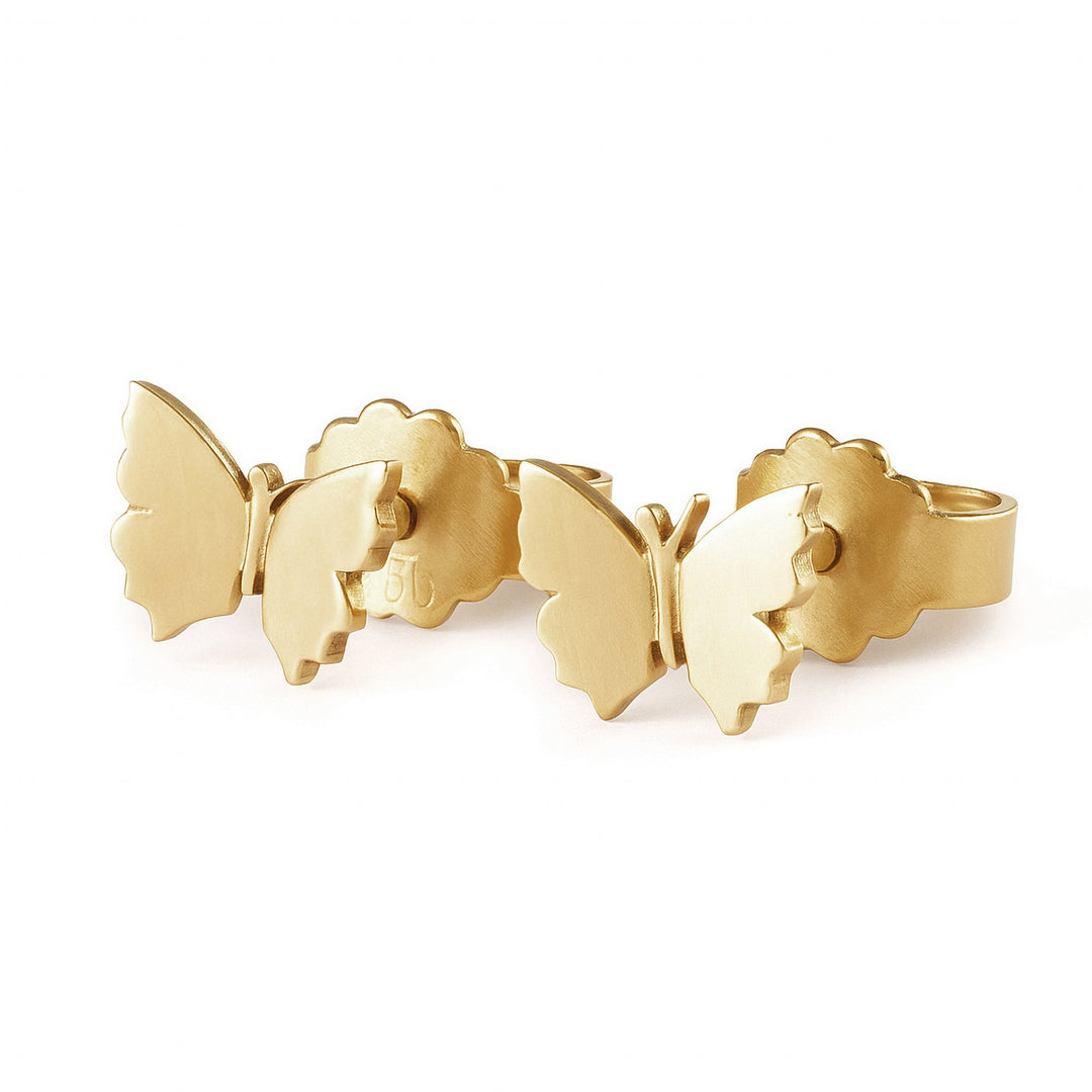 Gold butterfly-shaped cufflinks on a white background
