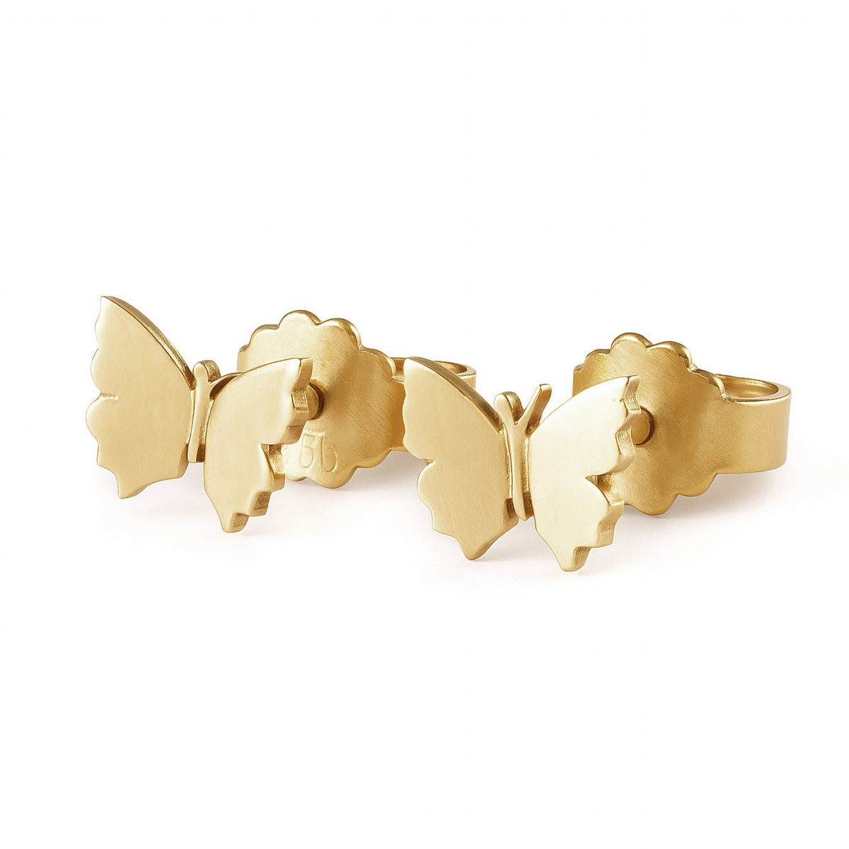 Gold butterfly-shaped cufflinks on a white background