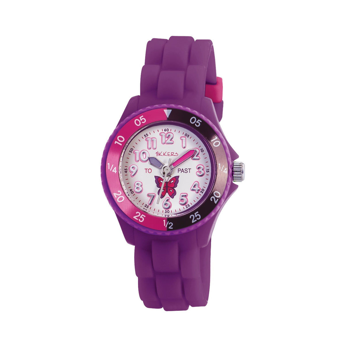 Purple children's watch with a butterfly design on a white background