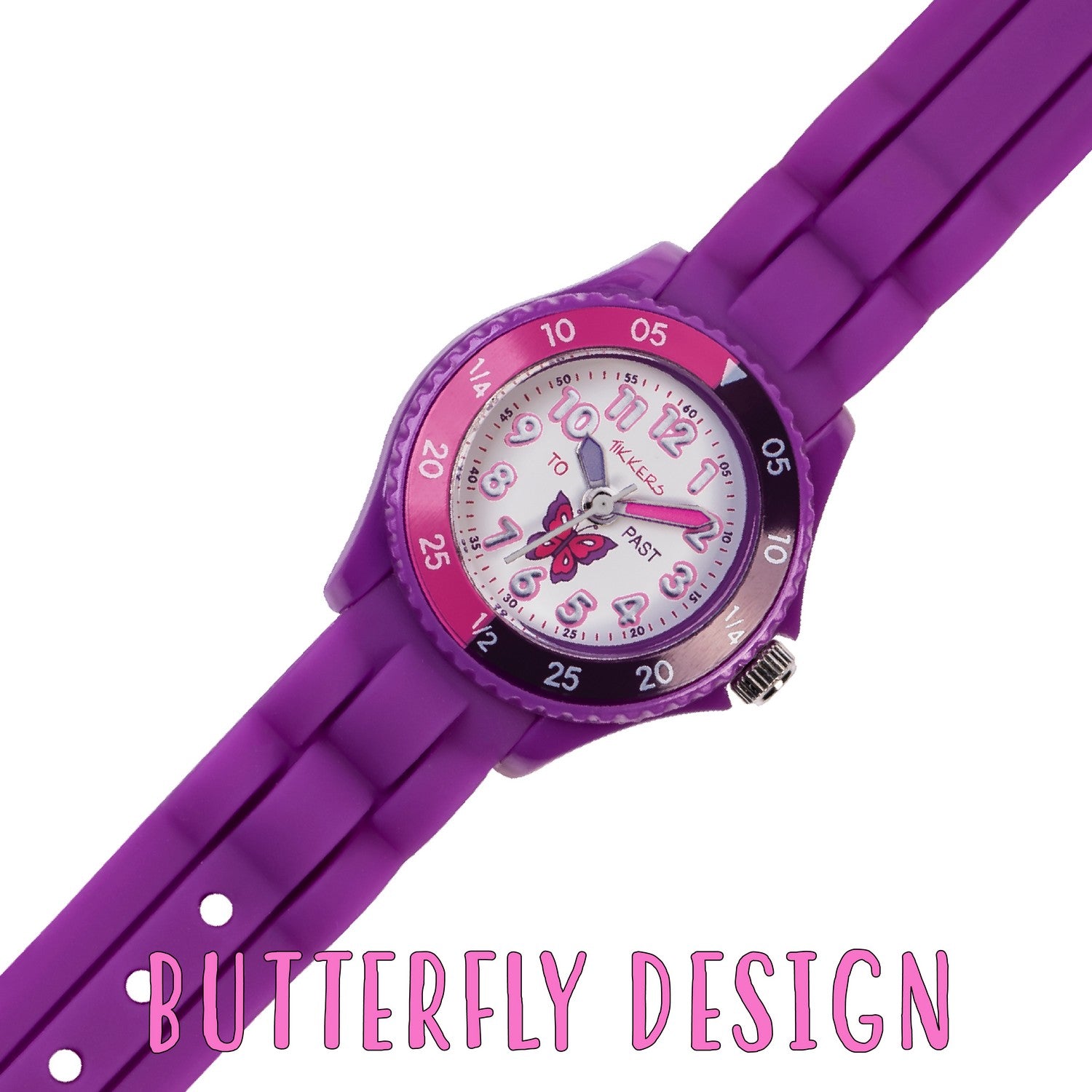 Purple children's watch with a butterfly design on a white background