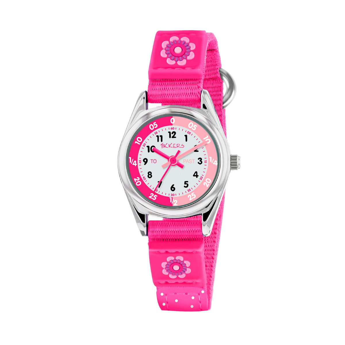 Pink children's watch with a floral design on a white background