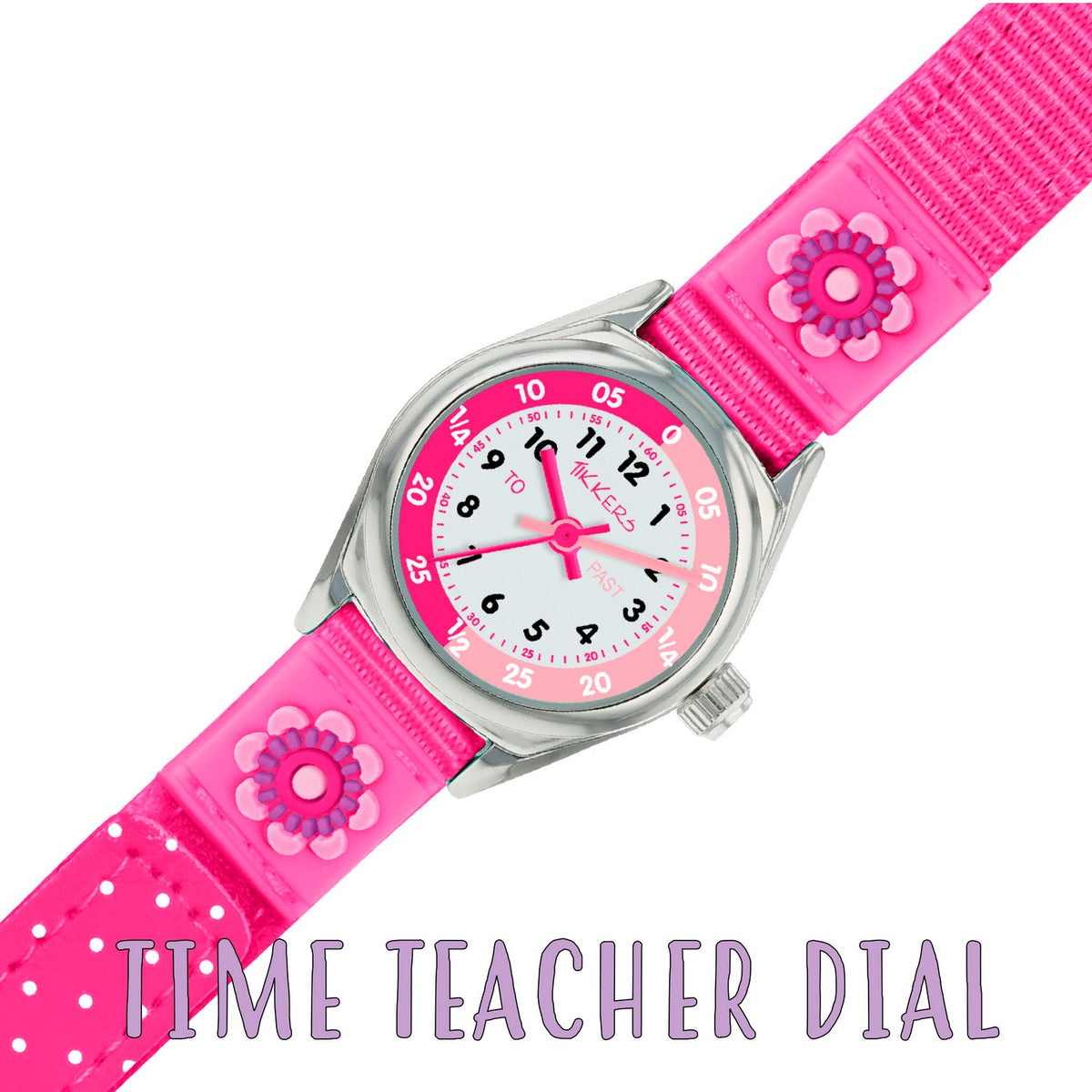 Pink watch with floral design on strap and 'Time Teacher Dial' text.