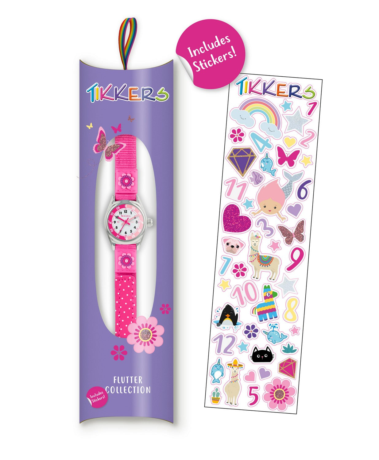 Children's watch with pink strap and butterfly design in packaging with stickers on a white background