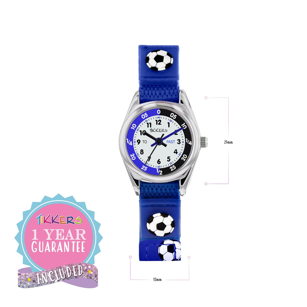 Children's watch with blue strap and soccer design, featuring a '1 year guarantee' badge.
