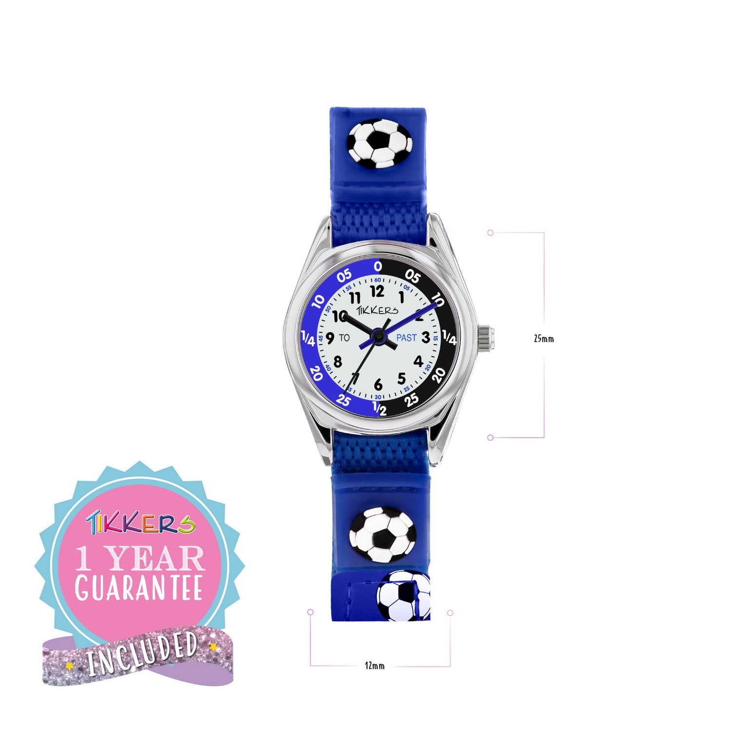 Children's watch with blue strap and soccer ball design on a white background